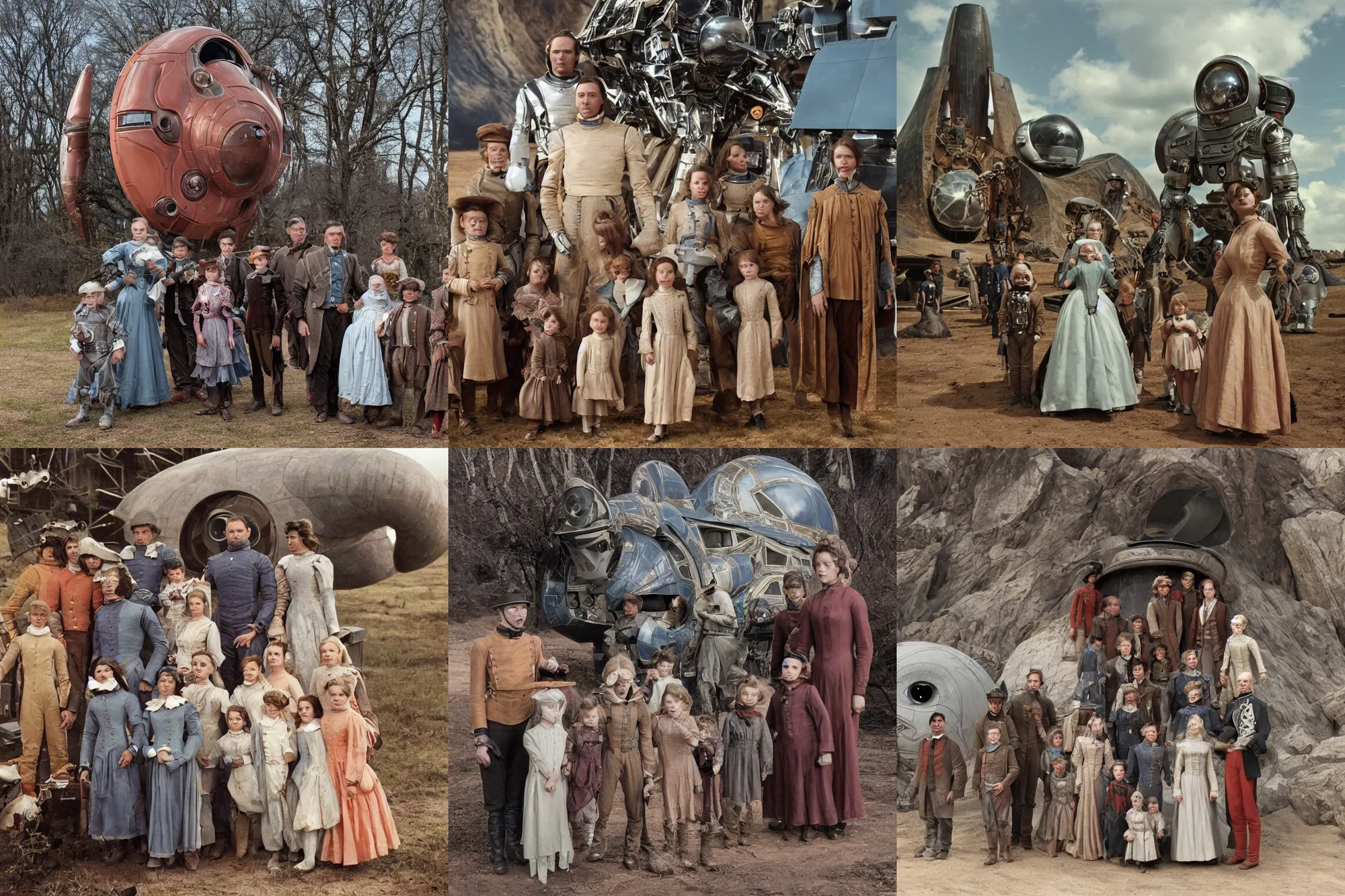 Prompt: highly detailed, 2,097,152k film still from a sci fi blockbuster color movie made in 2019, set in 1860, of a family standing in front of a spaceship that has just landed on an alien planet, a humanoid alien creature stands nearby, the family are all wearing 1860s era clothes, good lighting, good photography, in focus