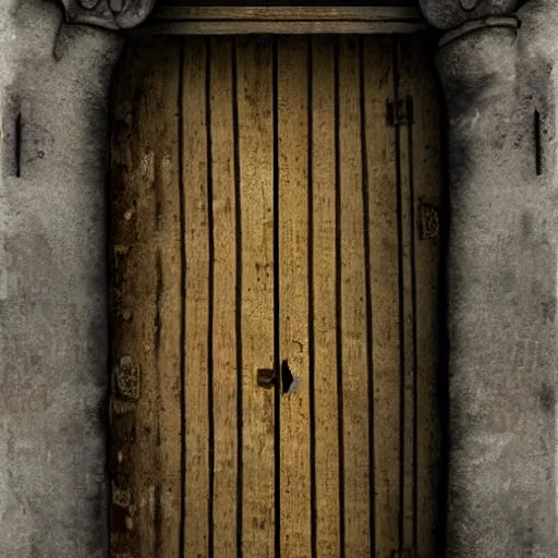 Image similar to Caricature, ajar dilapidated door with a human face dangles on hinges, medieval style, dramatic lighting