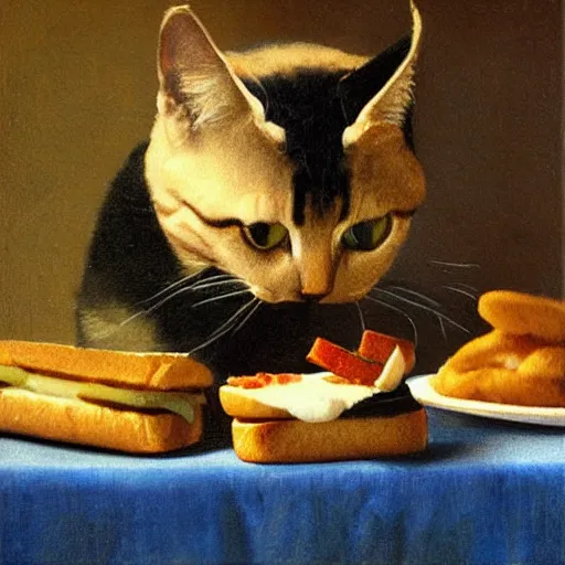 Image similar to A oil painting of a close up shot of cat eating a single sandwich by Johannes Vermeer
