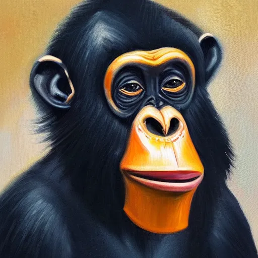 Image similar to An exquisite oil painting of a chimpanzee dressed like Prince Philip with a traffic cone on his head