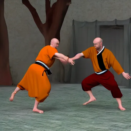 Image similar to real cats dressed as shaolin monks fighting each other, 4k, highly detailed