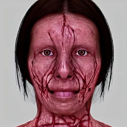 Image similar to medical photograph of a woman infected with a disease that turns her body into clay