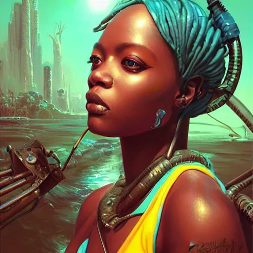 Image similar to african hydropunk bounty hunter, science fiction, highly detailed, digital painting, beautiful eyes, symmetry, concept art, sharp focus, illustration, global illumination, radiant light, synthwave colors, detailed and intricate environment, art by artgerm and greg rutkowski and magali villeneuve and ilya kuvshinov!