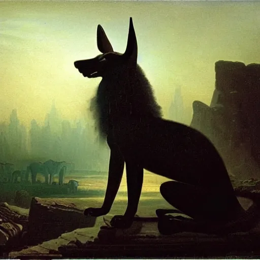 Image similar to Anubis scowling at the viewer, the background a gloomy fog rolling over the plains illustrated by Albert Bierstadt