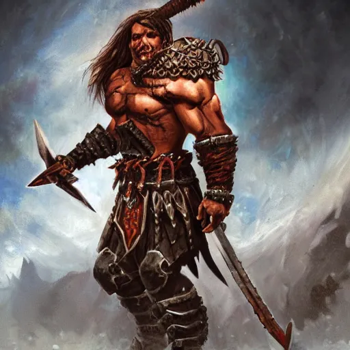 Prompt: a barbarian from diablo in heavy armor, artstation hall of fame gallery, editors choice, #1 digital painting of all time, most beautiful image ever created, emotionally evocative, greatest art ever made, lifetime achievement magnum opus masterpiece, the most amazing breathtaking image with the deepest message ever painted, a thing of beauty beyond imagination or words