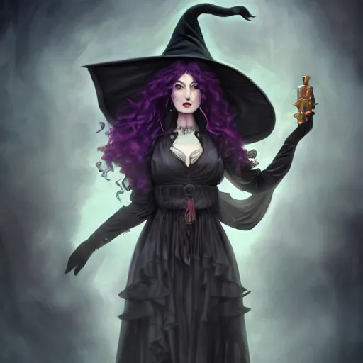 Prompt: portrait of a beautiful witch in an smoky alchemy lab, long purple hair, tightly fitting black ornate dress and black witch hat, in the style of peter mohrbacher, artgerm, dramatic lighting and composition, octane render