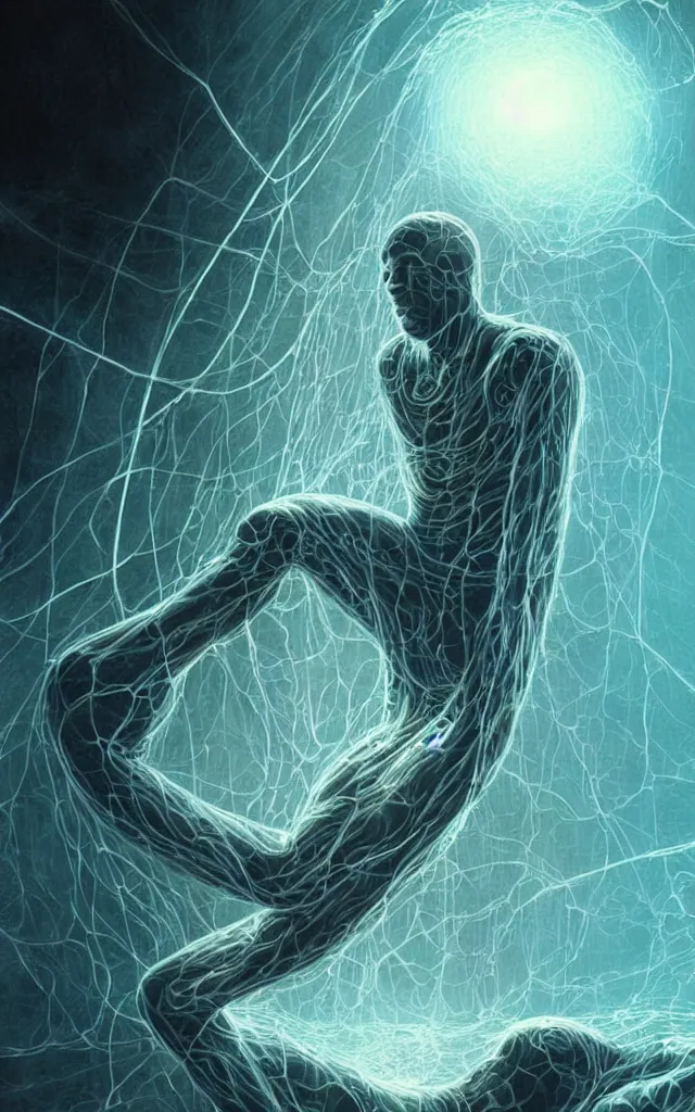 Prompt: human wrapped in a neural cyber cocoon plugged spirit machine, perfect future, award winning scifi art