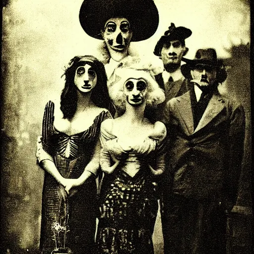 Prompt: portrait of side show clowns, photograph, style of atget, 1 9 1 0, creepy, dark