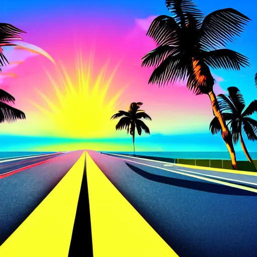 Prompt: retrowave style, the road goes into the sunset the road is flanked by palm trees the ocean is on the right side