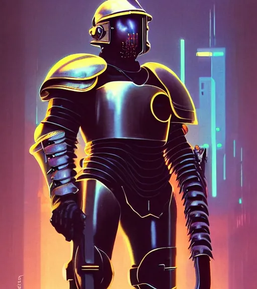 Image similar to a large cyberpunk paladin in rounded heavy plate armor with large shoulder pads and a spartan helmet wearing a crusaders helmet he is holding a large axe in a cyberpunk setting, 1 9 7 9 omni magazine cover, style by vincent di fate, artgerm, cyberpunk 2 0 7 7, very coherent, detailed, 4 k resolution, unreal engine, daz