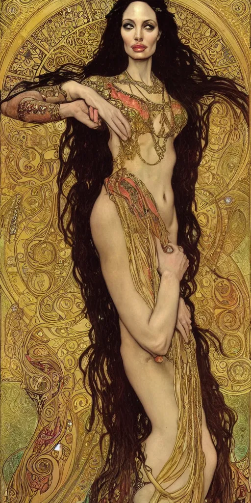 Prompt: realistic detailed dramatic portrait of Anglina Jolie as Salome dancing, wearing an elaborate jeweled gown, by Alphonse Mucha and Gustav Klimt, gilded details, intricate spirals, coiled realistic serpents, Neo-Gothic, gothic, Art Nouveau, ornate medieval religious icon, long dark flowing hair spreading around her