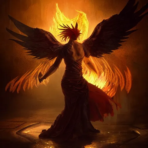 Image similar to Fallen angel as a phoenix in fire, flying through a medieval town by night, buildings in fire, smokes, dark, destruction, post-apocalyptic, DnD character, unreal engine, octane render, dramatic lighting, pond, digital art, by Stanley Artgerm Lau, greg rutkowski, thomas kindkade, alphonse mucha, loish, norman Rockwell