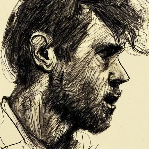 Prompt: a realistic yet scraggly portrait sketch of the side profile of a stern and sophisticated maxmoefoe, trending on artstation, intricate details, in the style of frank auerbach, in the style of sergio aragones, in the style of martin ansin, in the style of david aja, in the style of mattias adolfsson