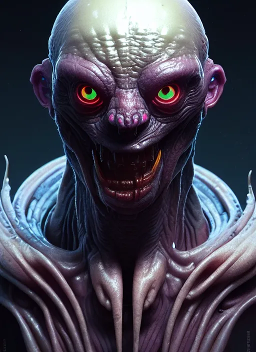 Image similar to portrait of a space alien, varying detailed skin, octane render, piercing glowing eyes, realistic render, detailed, ugly, slimy unreal engine, symmetrical!!, greg rutkowski and ruan jia, cinematic