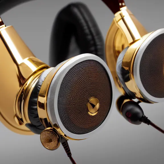 Image similar to masterpiece photo of beautiful crafted bismuth metal headphones, bismuth rainbow metal, bismuth cups, leather padding, displayed on mahogany desk, modernist headphones, bismuth headphones beautiful well designed, hyperrealistic, audiophile, intricate hyper detail, extreme high quality, photographic, meze audio, sennheiser, hifiman, artstation