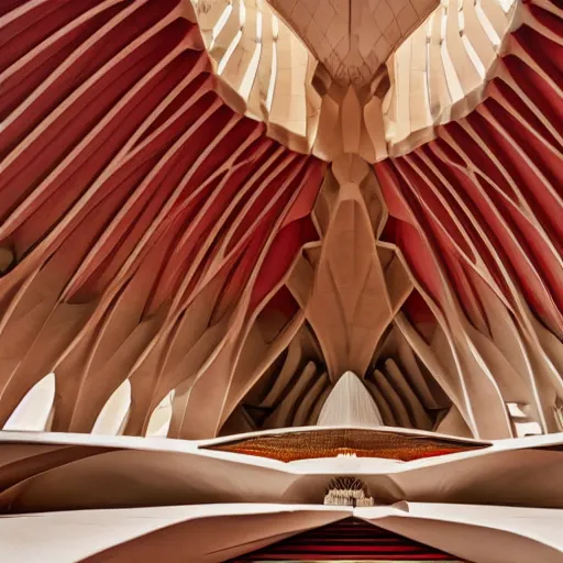 Image similar to interior of a futuristic lotus temple with gold, red and white marble panels, in the desert, by buckminster fuller and syd mead, intricate contemporary architecture, photo journalism, photography, cinematic, national geographic photoshoot