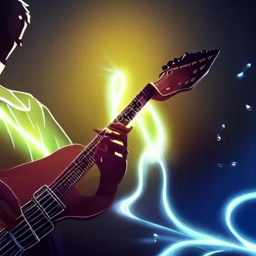 Image similar to a guitarist playing so intensely there is electricity shooting out from his guitar, energy beams under his finger tips, and magic sparkles from the freboard, amazing ditial art, trending on artstation, featured on deviantart