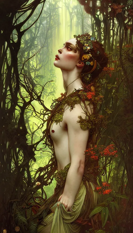 Image similar to consciousness concept art, lush forest, magic, gnarly details, gold, gems, dramatic lighting, denoised, painted by tom bagshaw, alphonse mucha