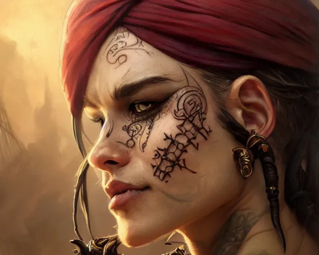 Prompt: close up of a pirate with scars and a face tattoo, deep focus, d & d, fantasy, intricate, elegant, highly detailed, digital painting, artstation, concept art, matte, sharp focus, illustration, hearthstone, art by artgerm and greg rutkowski and alphonse mucha