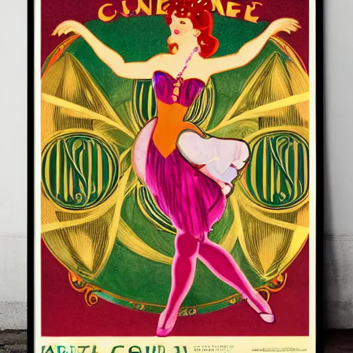 Image similar to art nouveau champagne poster with a happy girl dancing cancan