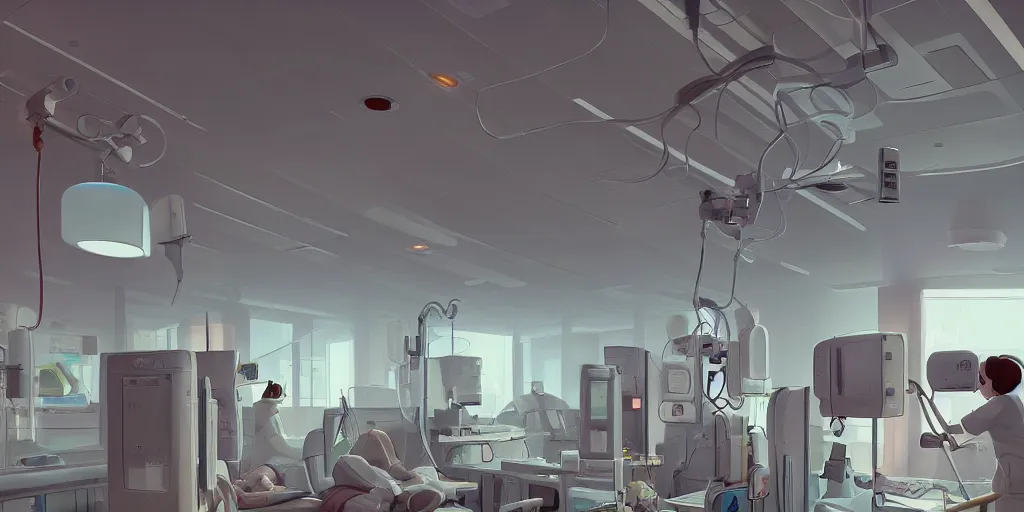 Prompt: interior of a cancer treatment center, close up of a nurse's station, designed by Goro Fujita and Simon Stalenhag, 8k, trending on Artstation, hyper detailed, cinematic