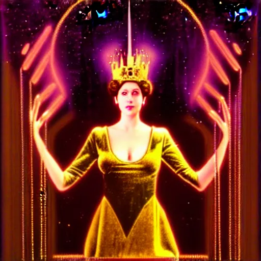 Prompt: the ethereal queen of technology bestows the gift of circuits to humanity. matte painting. fantastic. velvet and gold.