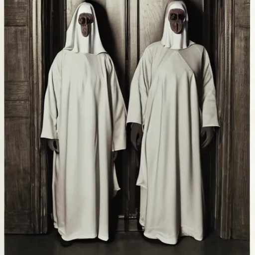 Image similar to terrifying photo,two Hovering twin nuns, wearing pointed hoods, buxom chested, blindfolded, wearing translucent veils, see through dress, Very long arms, bedroom, wood door, eerie, frightening, highly detailed, photorealistic, colorized —width 1024 —height 1024