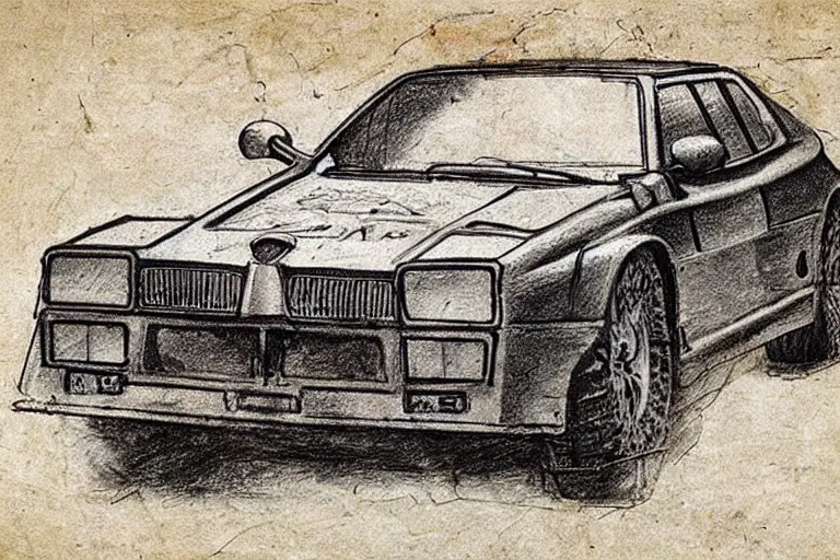 Prompt: ancient sketch on parchment by leonardo da vinci of a lancia 0 3 7