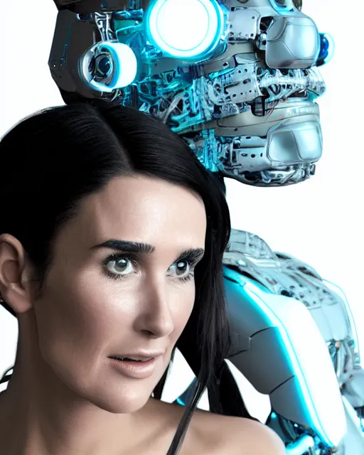 Prompt: portrait of blissed out young demi moore as a solarpunk mecha humanoid robotic parts with bright led lights, real human face, pudica pose gesture, by michelangelo, in white room, ultra - realistic and intricate, portrait shot 8 k