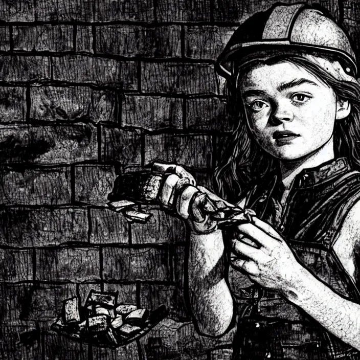 Image similar to extreme close - up on sadie sink as a miner : she lifts stale bread with her hand. background : black tiles on walls. black and white, pencil and ink. by gabriel hardman, joe alves, chris bonura. cinematic atmosphere, detailed and intricate, perfect anatomy