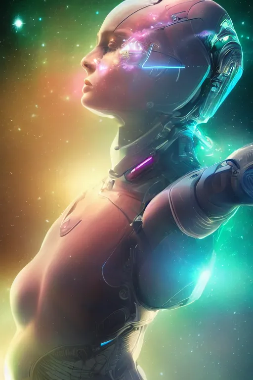 Image similar to woman cyborg floating in space letting go of reality and experiencing the quantum feild, matte painting comic book art, cinematic, highly detailed, realistic, beautiful cosmic neural network, octane render, unreal engine, depth of field, trending on artstation, sharp focus, philosophical splashes of colors