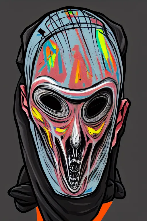 Prompt: random skateboarder with scary mask, pop art, aesthetic art, 8 k, asymmetrical, high details, digital painting, concept art, smooth, sharp focus, illustration, intricate, art by arstation and mimmo rottela, pixels art by paul robertson