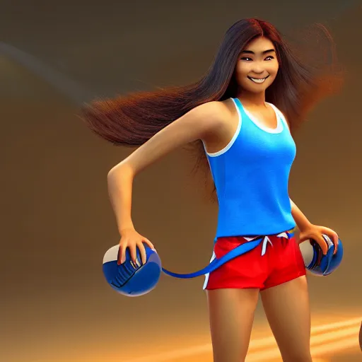 Image similar to young beautiful athletic Filipino woman with long hair posing, depicted as adult Pixar character, high quality cg render, 4k