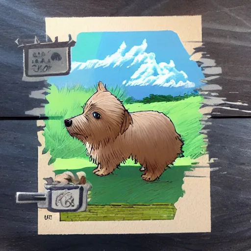 Image similar to A blond Norfolk terrier in the style of Studio Ghibli, very happy, detailed, award winning