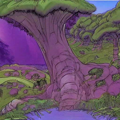 Image similar to The Purple People Eater :: extremely detailed landscape :: concept art by Don Bluth :: a masterpiece by Alan Davis ::