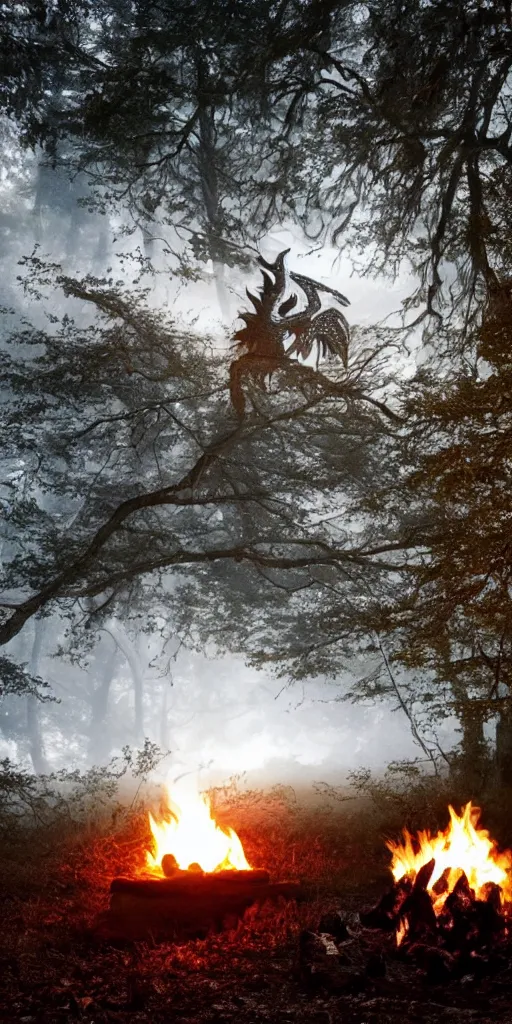 Image similar to A white dragon in the woods at nigth resting in front a camp fire