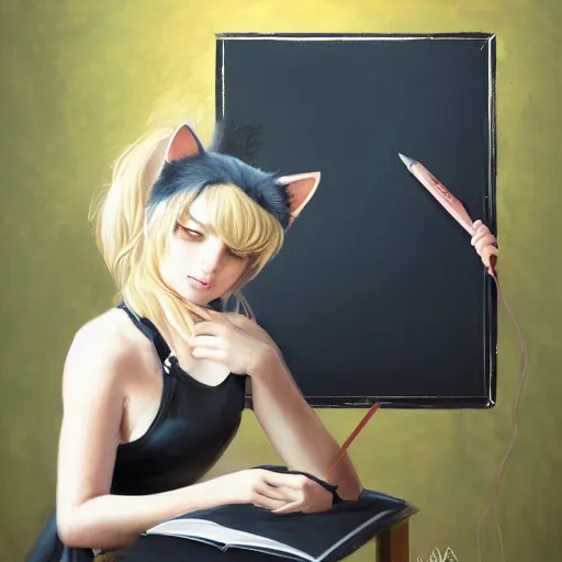 Image similar to woman with cat ears writing on a blackboard, school blackboard, oil painting, digital art, cat ears, by wpol, by artgerm, beautiful lighting, by rob rey, by greg rutkowski, trending on artstation