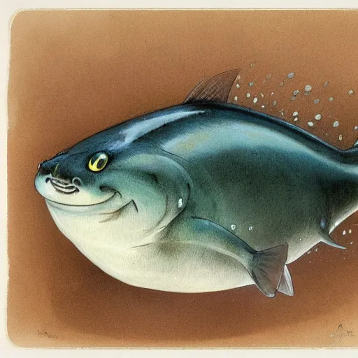 Image similar to ( ( ( ( ( obese rotund flabby cartoon catfish. muted colors. ) ) ) ) ) by jean - baptiste monge!!!!!!!!!!!!!!!!!!!!!!!!!!! byjames gilleard