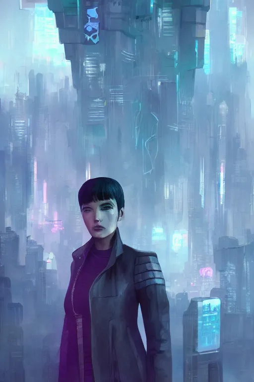 Image similar to concept art of a futuristic city citizen inspired by joi from bladerunner 2 0 4 9