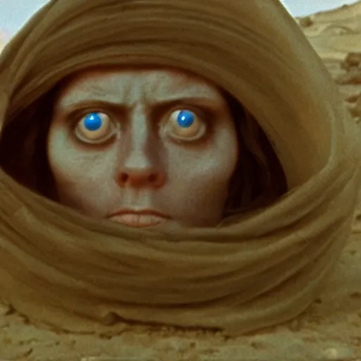 Image similar to woman with giant eyeballs in the desert 1972 Tarkovsky film, archival footage, technicolor film expired film live-action, 16mm