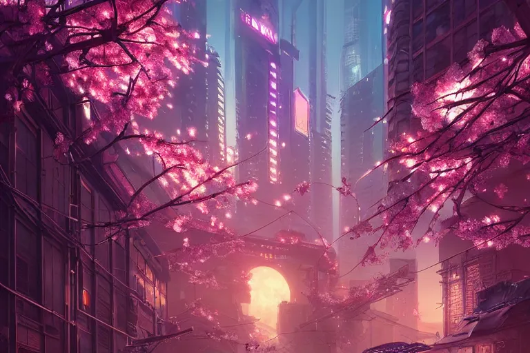 Image similar to cyberpunk city, cherry blossoms, unreal engine, fantasy art by greg rutkowski, loish, rhads, ferdinand knab, makoto shinkai and lois van baarle, ilya kuvshinov, rossdraws, tom bagshaw, global illumination, radiant light, detailed and intricate environment