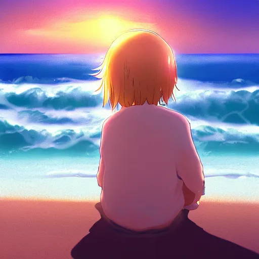 Image similar to beautiful, detailed digital painting of a blond-haired child sitting on the beach looking at the sunset, anime by Makoto Shinkai, sand, waves, trending on artstation