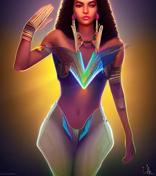 Image similar to symmetry!! egyptian princess of technology, solid cube of light, hard edges, product render retro - futuristic poster scifi, lasers and neon circuits, brown skin woman egyptian princess, intricate, elegant, highly detailed, digital painting, artstation, concept art, smooth, sharp focus, illustration, dreamlike, art by artgerm