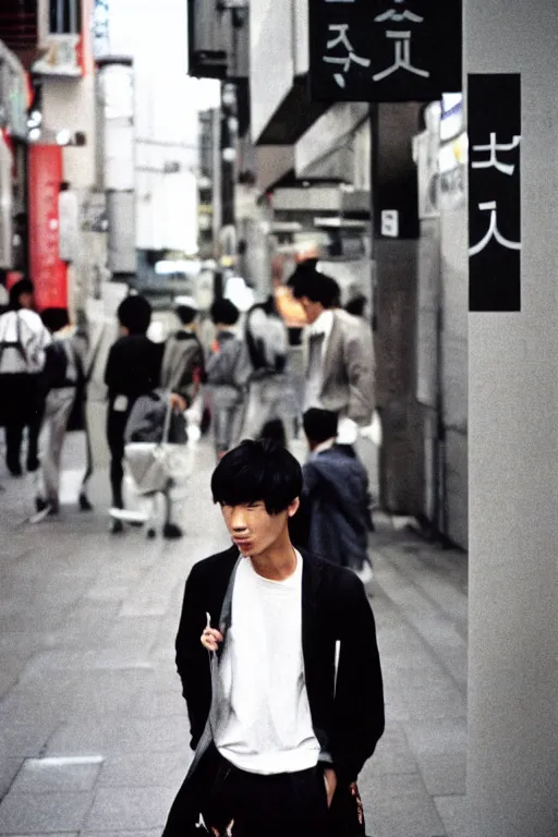 Prompt: street photography of a young japanese man in 9 0 s fashion, in tokyo shinjuku, shot on cinestill 5 0 d with a canon 3 5 mm at f / 5. 6 lens, haruto hoshi, yang seung - woo, saul leiter