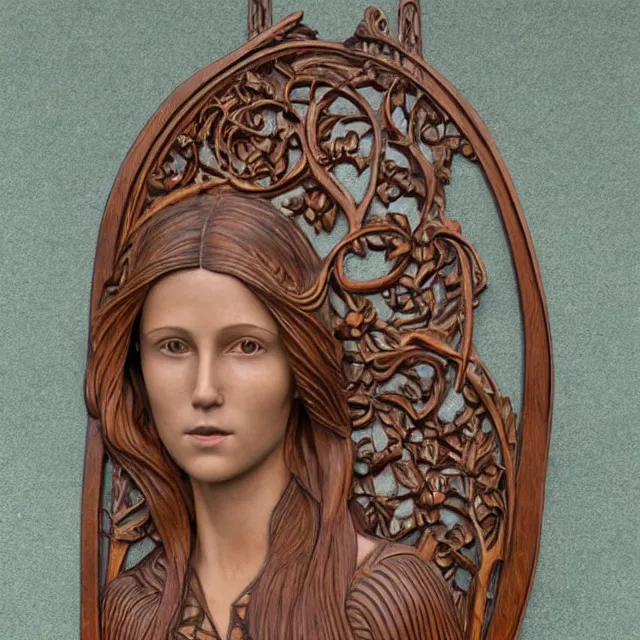 Image similar to a 3 d wooden mahogany art nouveau carved sculpture of a young millie bobby brown or alicia vikander with long hair blowing in the wind, in front of a delicate tracery pattern, intricate and highly detailed, well - lit, ornate, realistic, polished with visible wood grain