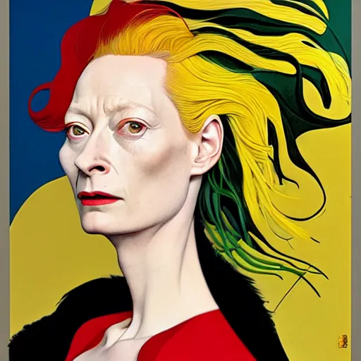 Image similar to art by joshua middleton, the actress tilda swinton, a medium shot portrait of the golden creeper, a tall manically smiling yellow - skinned woman with green and black striped cycling shorts and wearing a long red and black striped ostrich feather boa, yellow makeup, mucha, kandinsky, poster, art deco motifs, comic art, stylised design, scarlet feather boa