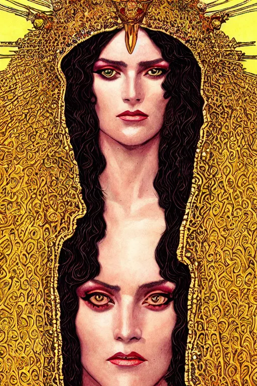 Image similar to Portrait of historically accurate, ancient biblical, sultry, sneering, evil, pagan, wicked, queen jezebel, wearing gilded robes, long hair, intricate, elegant, highly detailed, masterpiece, illustration, art by Jean Giraud, highly detailed, trending on artstation, award winning