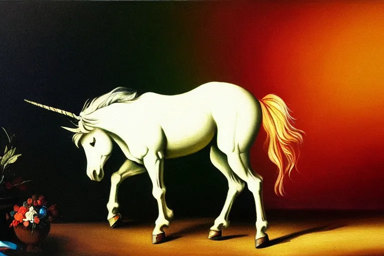 Image similar to detailed traditional painting of a unicorn walking on a rainbow, ( ( rainbow ) ) by caravaggio, authentic, masterpiece, brush strokes, trending on artstation