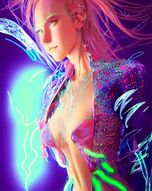 Image similar to portrait of a bioluminescent woman, fashion, beautiful, elegant colorful, artstation trending, deviantart, highly detailed, focus, smooth, by hirohiko araki, yoshitaka amano