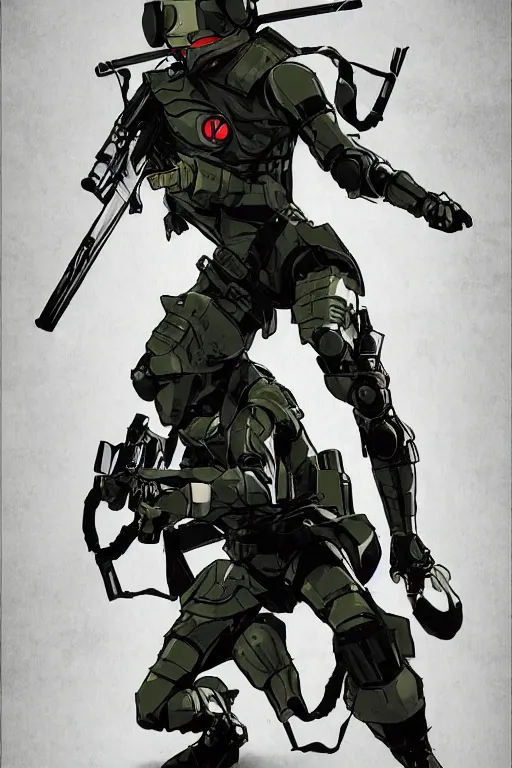 Image similar to robot ninja mask helmet metalgear solidsnake pose training suit swat heros chaykin howard and campion pascale and cooke darwyn and davis jack illustration character design concept the phantom pain cosplay sniper wolf